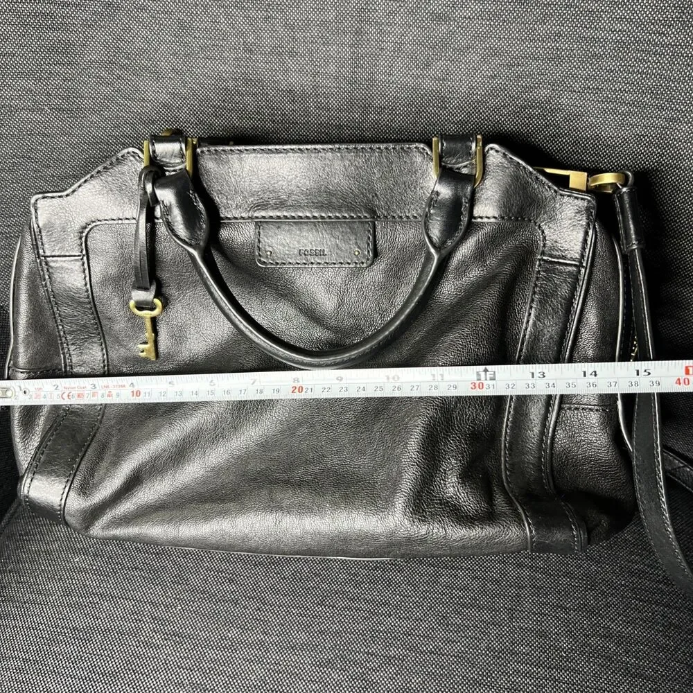 Fossil Logan Black Leather Satchel Shoulder Bag Crossbody Purse With Strap